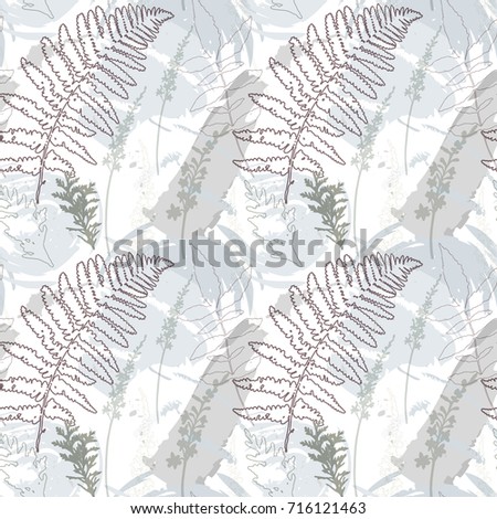 Floral vector seamless pattern with wild flowers, fern leaves , evergreen pine tree branches and abstract paint shapes. Brush strokes  in pastel colors as a background.
