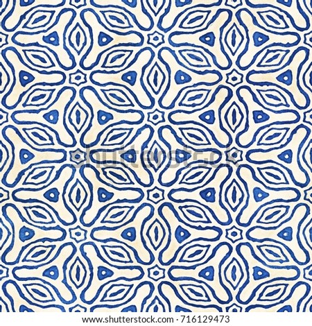 Native batik watercolor artistic blue and white pattern with flowers or snowflakes. Ethnic boho style. Seamless hand drawn tribal square texture