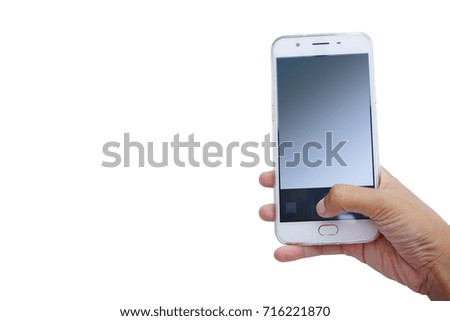Smartphone hand holding with touch screen to show or take photo isolated on white background this has clipping path.