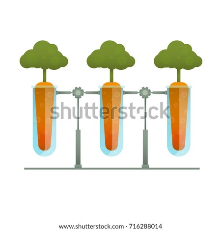 Large fresh carrots. Creative inspiration concept with futuristic technology mechanical device and natural organic products. Vector illustration.