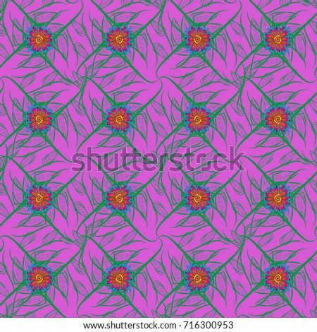Springtime contemporary abstract flower seamless pattern in green, blue and violet colors. Vector illustration.