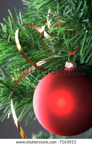 Red ball hanging from christmas tree