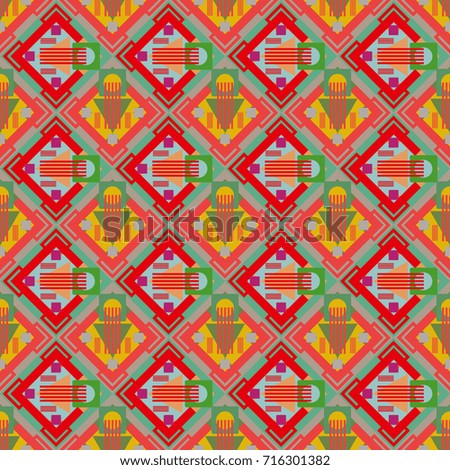 A seamless background. Graphic vector pattern. Wallpaper in the geometrical style. Green, red and pink texture. Abstract ornament.