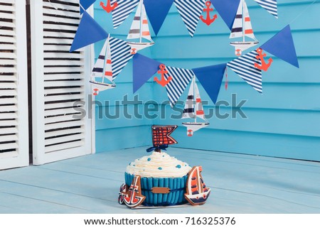 sea theme. birthday. smash the cake for boy. biscuit ship, anchor
