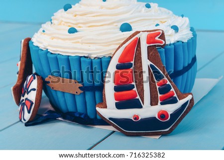 sea theme. birthday. smash the cake for boy. biscuit ship, anchor