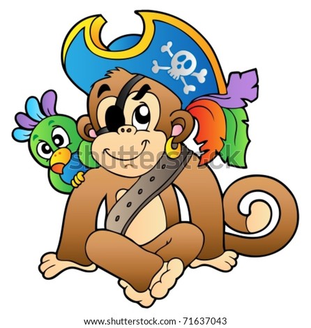 Pirate monkey with parrot - vector illustration. Royalty-Free Stock Photo #71637043