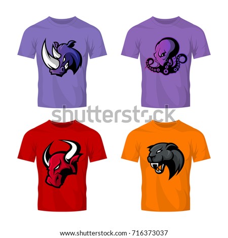 Furious panther, rhino, octopus, bull vector logo concept on color t-shirt mockup. Street wear mascot sport team badge design set. Premium quality wild animal emblem tee print illustration.