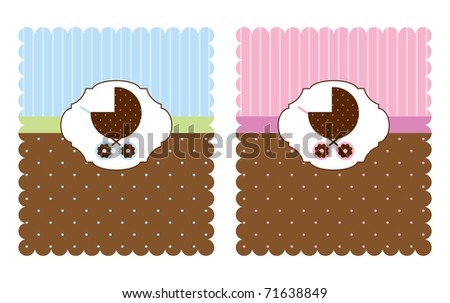 Vector card with pram for boy and girl