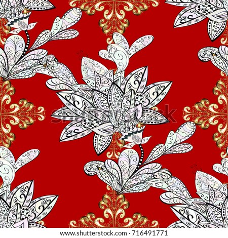Vector oriental ornament. Ornamental pattern on red, neutral and gray colors with golden elements and with white doodles. Ornamental Golden pattern.