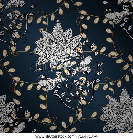 Ornamental vintage pattern on blue, white and gray colors with golden elements and with white doodles. Christmas, snowflake, new year.