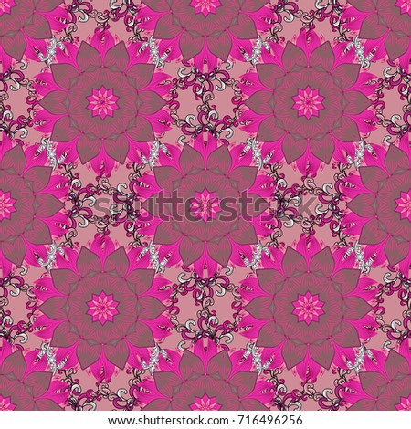 Floral pattern in doodle style with flowers. Gentle, summer floral background. Flowers on pink, magenta and purple colors.