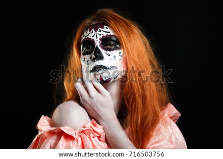 Body art painting. Professional photo darkness background horizontal. Dead God. White skin girl.