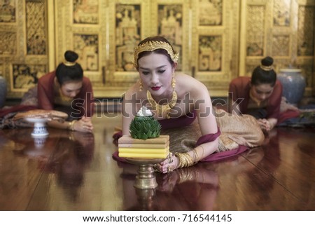Beauty fantasy Thai woman. Beautiful Thai girl in traditional dress costume in Wat Phra Khao asThai temple where is the public place, Ayutthaya province, Thailand.