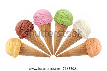 Vanilla, strawberry, chocolate, mint ice cream scoops in cones isolated on white background