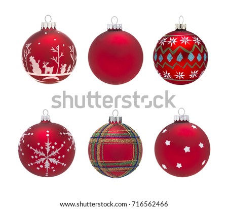 Group of isolated red christmas baubles with different decorations Royalty-Free Stock Photo #716562466