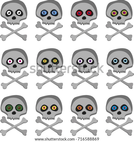 Vector set of cartoon skeleton sculls with multi colored random eyes isolated on white background. Halloween collection of icons, clip art, digital design elements, pirate symbols, signs, pattern.