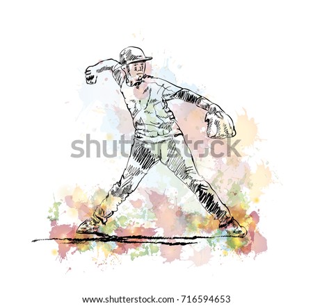 Watercolor sketch of Baseball Bowler player in vector illustration.