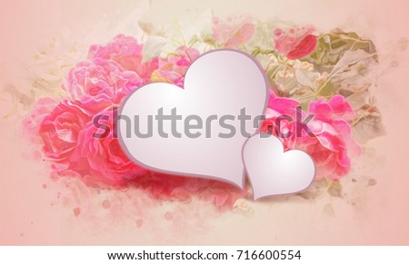 Illustration of romantic background with pink roses and hearts