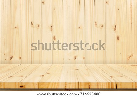 Empty top Wood shelves or table on wall background.For put product 