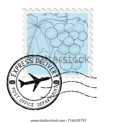 Postal stamp with grapes and round postmark. Vector illustration isolated on white background