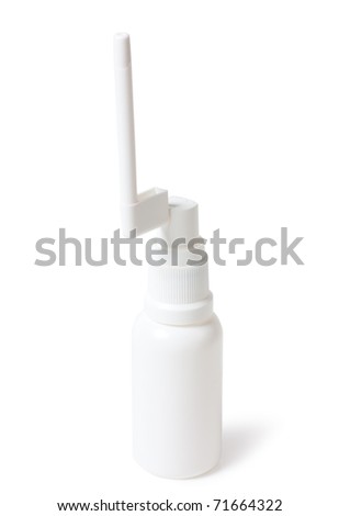 Macro view of medical spray bottle over white background