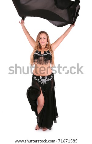 Beautiful belly dancer posing with a veil, isolated on white