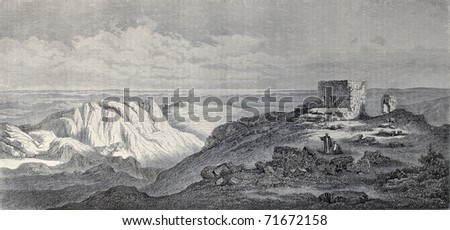 Old illustration of Mount Sinai, Egypt. Original, created by Pierron and Cosson-Smeeton, was published on L'Illustration, Journal Universel, Paris, 1968