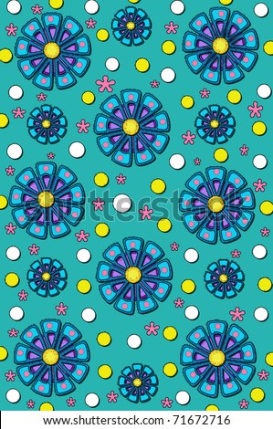 Background is filled with muted aqua color.  Flowers in blue, purple and pink are scattered across a polka dotted background.  Polka dots are yellow and white.