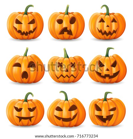 Set of halloween pumpkins, funny faces. Autumn holidays. Vector illustration EPS10. Royalty-Free Stock Photo #716773234
