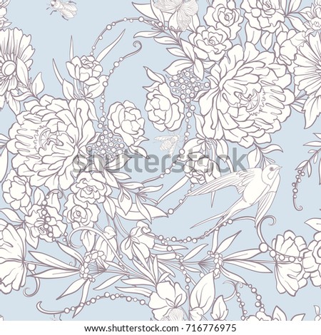 Floral seamless pattern with butterflies 