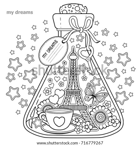  Vector Coloring book for adults. A glass vessel with dreams of traveling to Paris.A bottle with  butterfly, ladybug, leaves, cup of coffee,valentines and Eiffel Tower