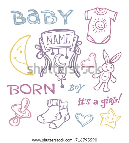 baby shower design vector illustration, hand drawn baby set.