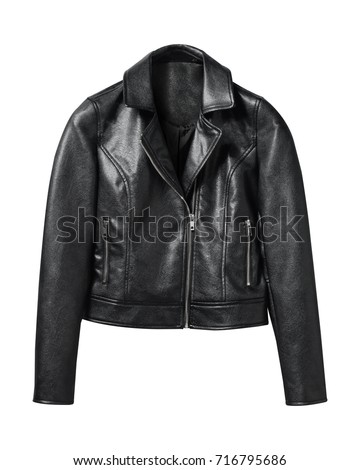 Black woman leather jacket isolated on white Royalty-Free Stock Photo #716795686