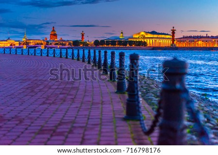 St. Petersburg. Spit of Vasilyevsky Island. Sunset over St. Petersburg.