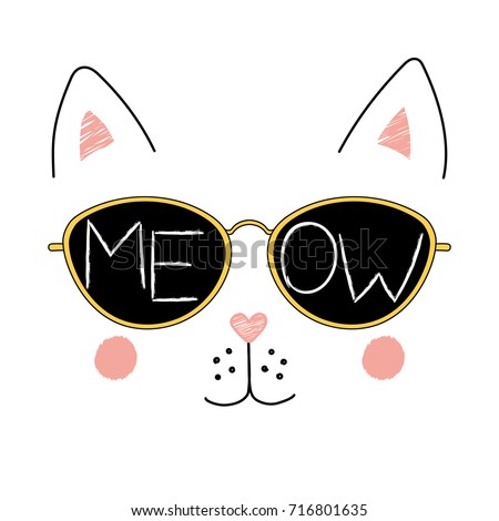 Hand drawn vector illustration of a funny cat face in sunglasses, with text Meow written inside the lenses. Isolated objects on white background. Design concept for children.