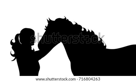 Vector silhouette of woman with horse in white background.