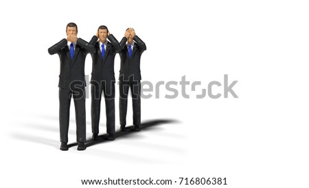 3 toy miniature figure businessmen in three wise monkeys pose isolated on white background (see no evil, hear no evil, speak no evil)