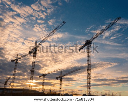 cranes conquer the city at sunset
