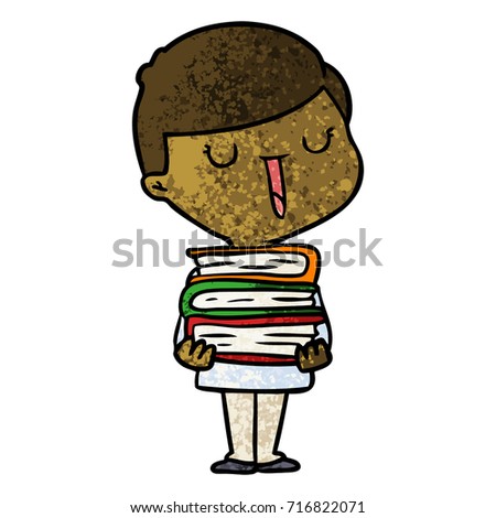 cartoon happy boy with stack of books