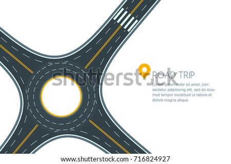 Roundabout road junction, isolated on white background. Vector flat style illustration with copy space. Empty asphalt crossroad with marking. Street traffic and transport design template. Royalty-Free Stock Photo #716824927