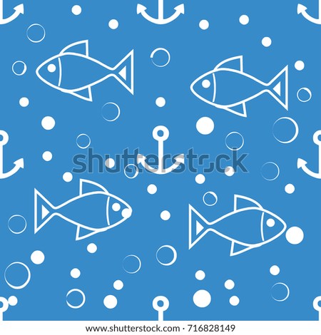 seamless symmetric pattern of white fish, anchors and small bubbles on a blue background. The pattern for the ornaments, albums, backgrounds. 
