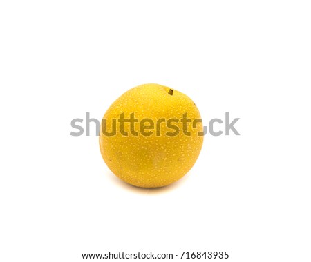 Studio shot one California apple pear (Asian pear, pyrus pyrifolia) isolated on white background. It has the shape and texture of an apple but the flavor of a pear.