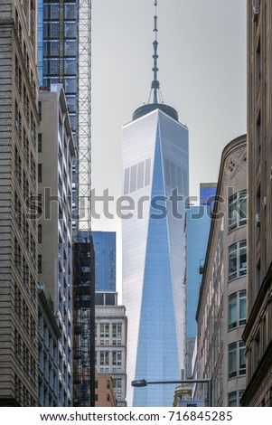 Freedom Tower ( One World Trade Center) seen from the street and the buildings nearby, New York.