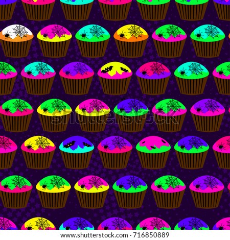 Abstract seamless pattern for girls or boys. Creative vector background with cupcake, bat, halloween. Funny wallpaper for textile and fabric. Fashion style. Neon color picture for children