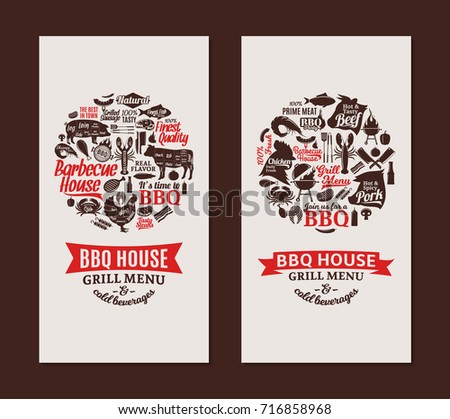 Vector barbecue house cards. BBQ, meat, vegetables, beer, wine and equipment icons