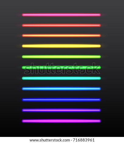 Neon tube light pack colored set. Color laser beams. Lines. Vector illustration. Isolated on black and gray background