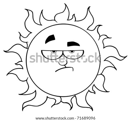 Outlined Lowering Sun Mascot Cartoon Character