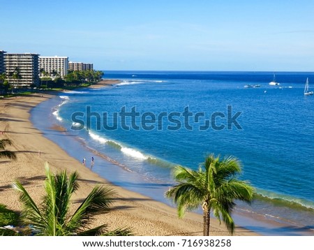 Scenic Morning View of Kaanapali Beach, Pacific Ocean, Resorts & Palm Trees - Lahaina, Maui, Hawaii                 Royalty-Free Stock Photo #716938258