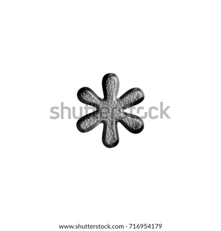 Dark rough stone asterisk or star shape symbol in a 3D illustration with a rocky gray surface and flat beveled edge in an antique bookletter font isolated on a white background with clipping path.