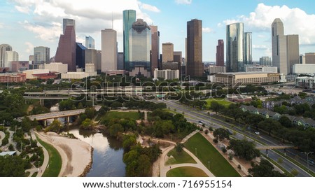 Aerial view of skyline downtown Houston building city, at buffalo bayou park after Harvey hurricane, Texas